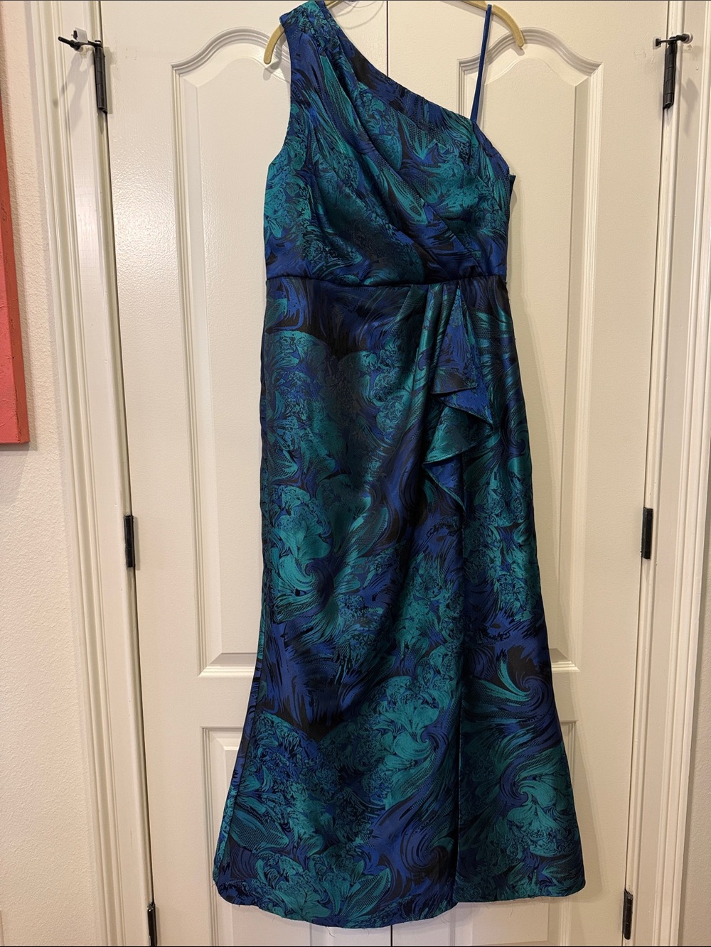 Adrianna Papell Teal & Navy One-Shoulder Evening Gown